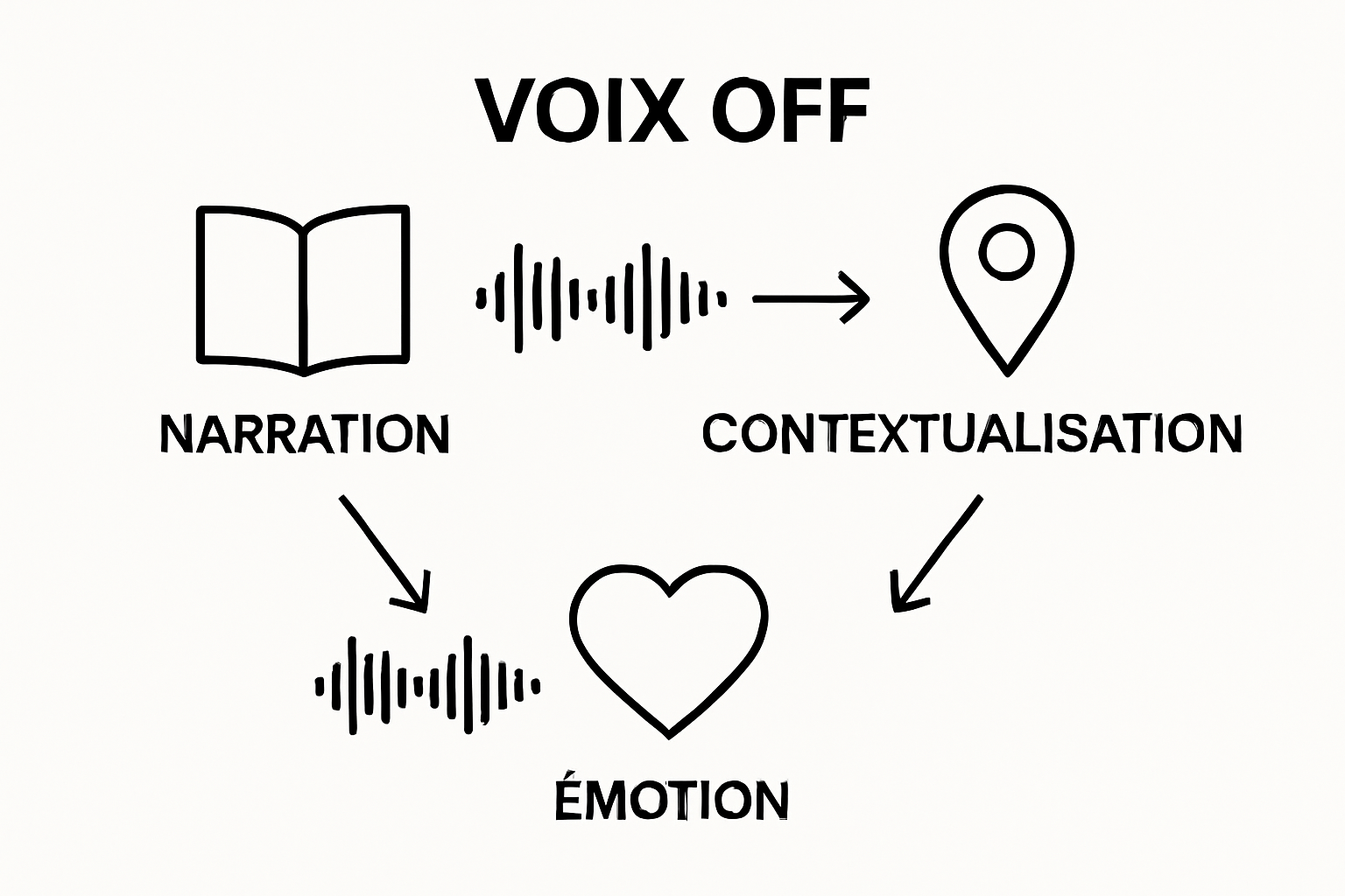 Fonctions essentielles de la voix off illustrées par des icônes