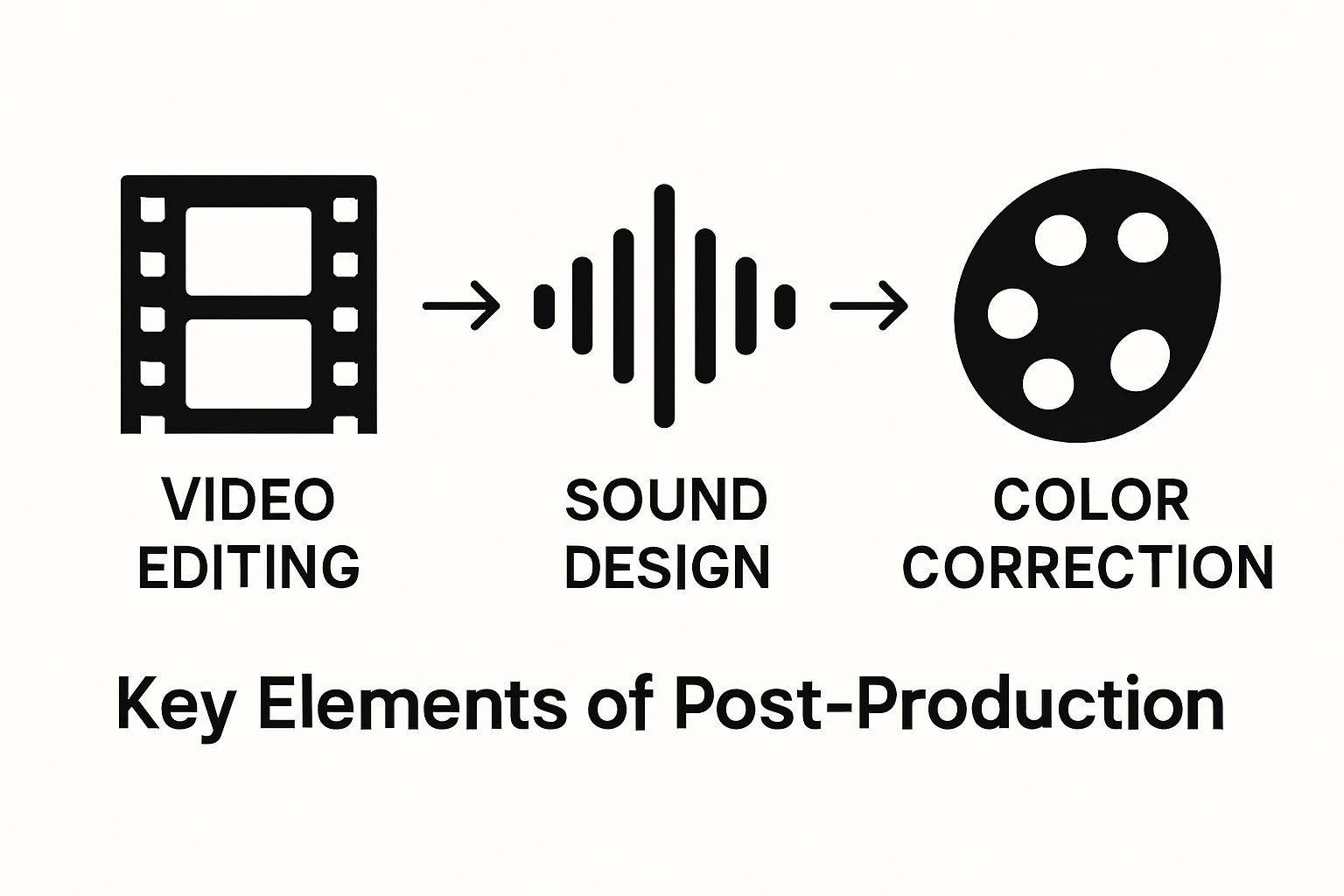 Infographic showing three main post-production steps with icons for editing, sound, and color.