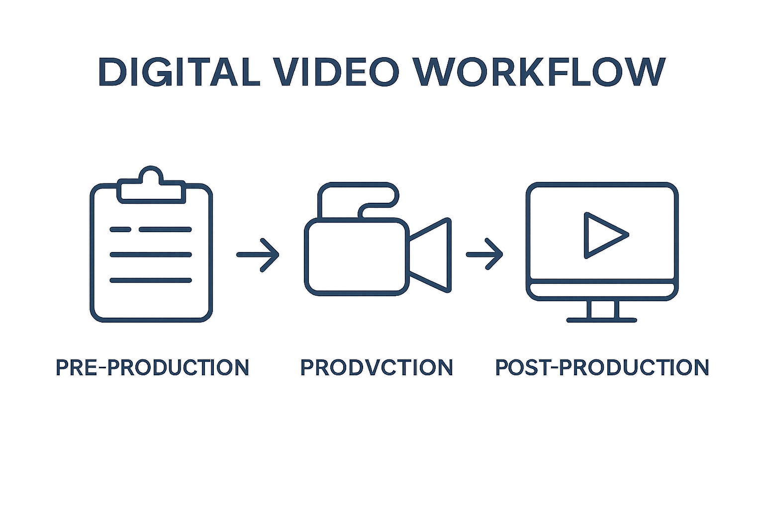 Infographic showing three stages of digital video workflow with icons