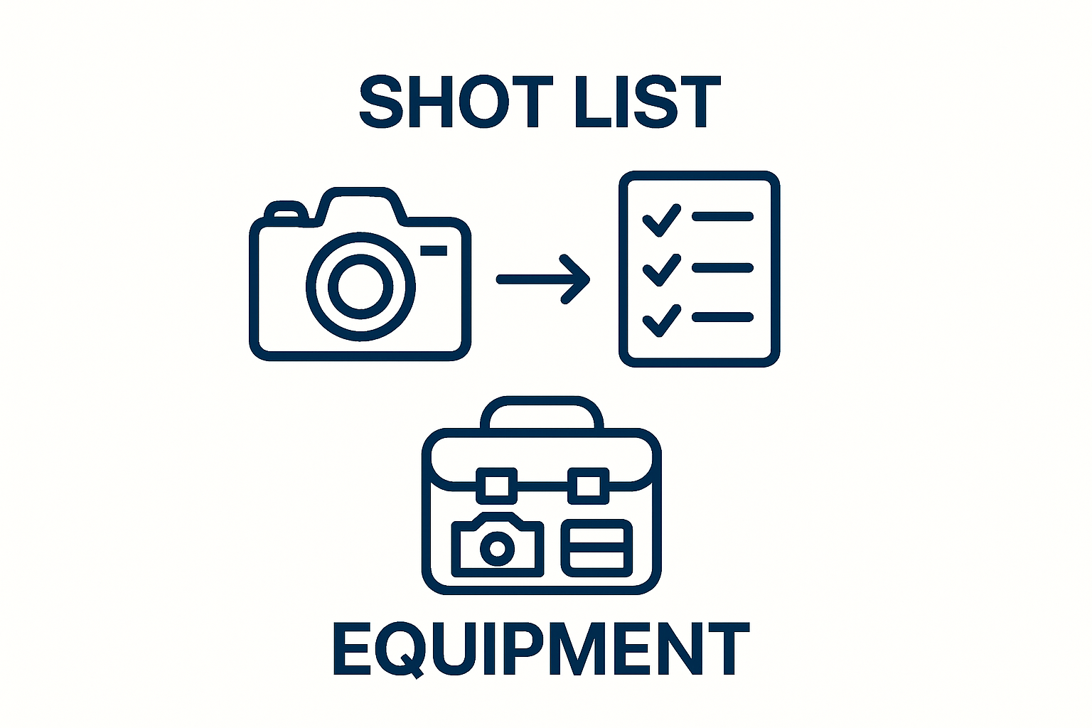 Infographic illustrating shot list and equipment preparation workflow