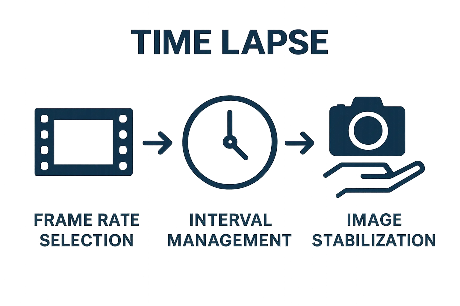 Infographic comparing key time lapse post production steps: frame rate, interval, stabilization.