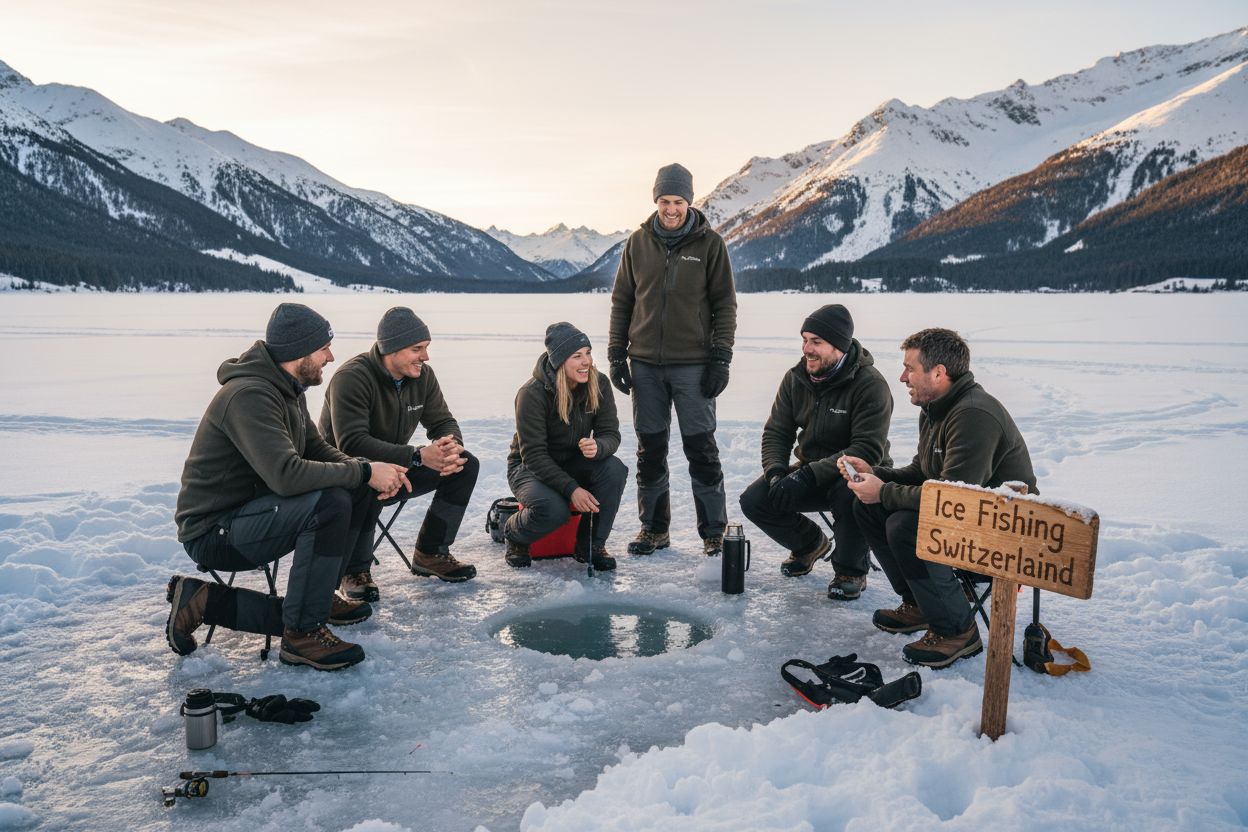 ice fishing Switzerland alpine lake