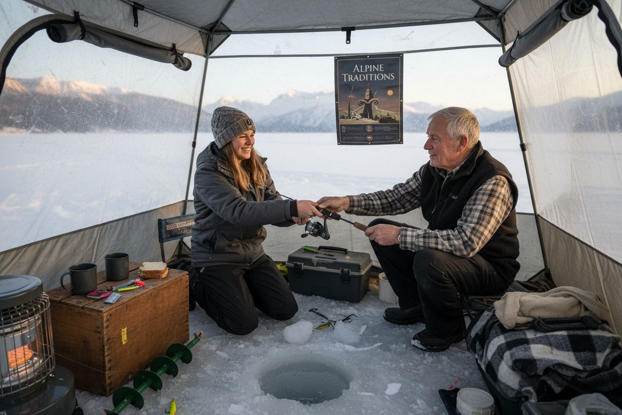 Swiss family ice fishing St. Moritz