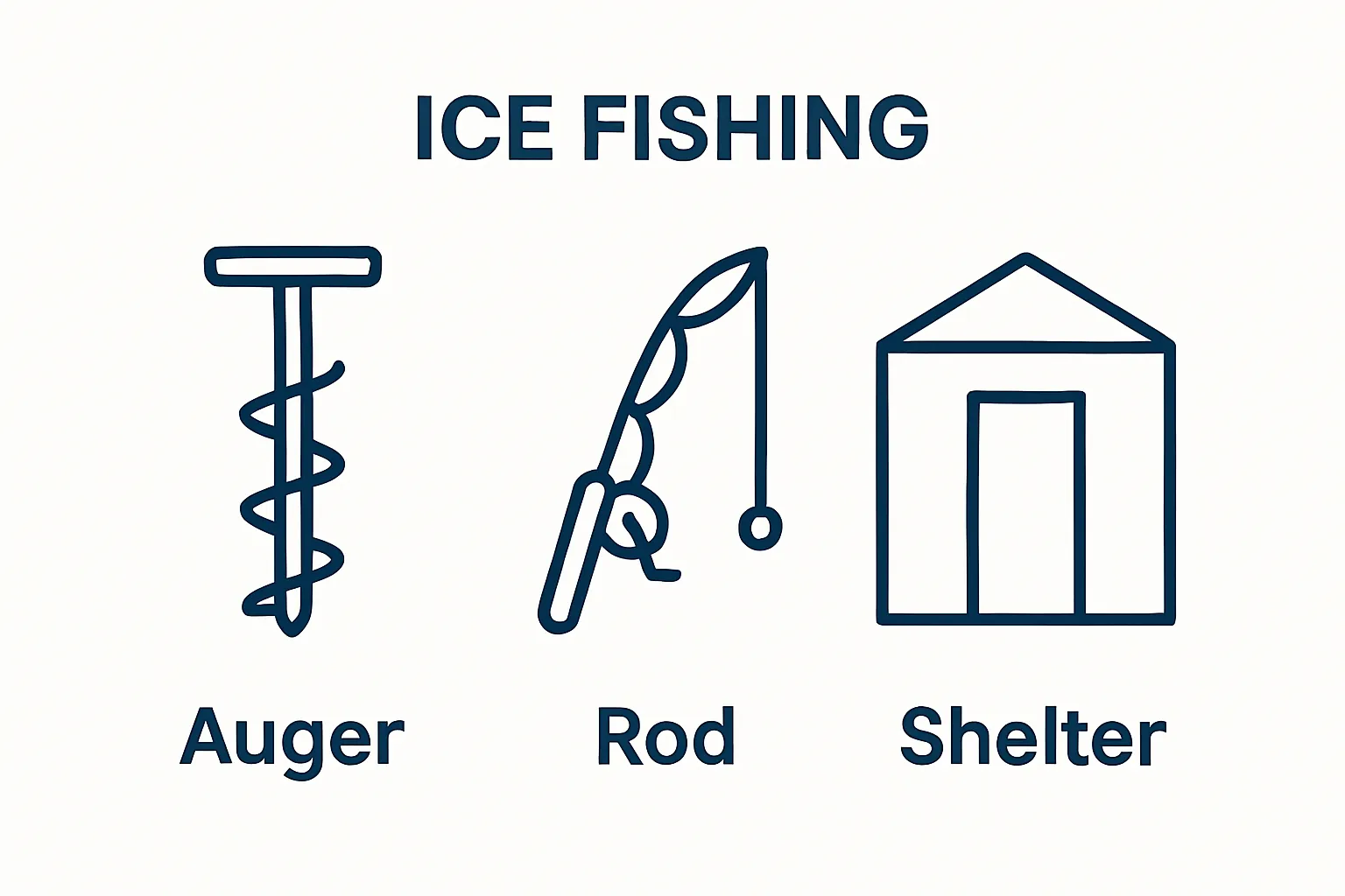 Comparison of Swiss ice fishing essentials: auger, rod, shelter