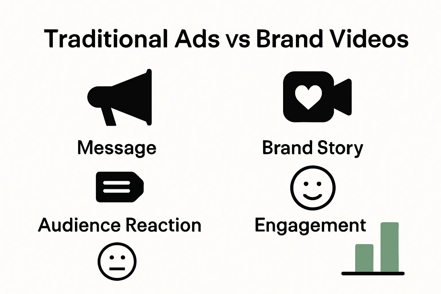 Infographic comparing traditional ads versus brand videos in three simple icons.