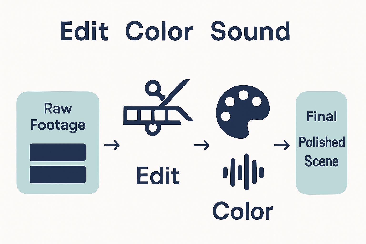 Simple infographic of video editing, color grading, and sound mixing steps with icons