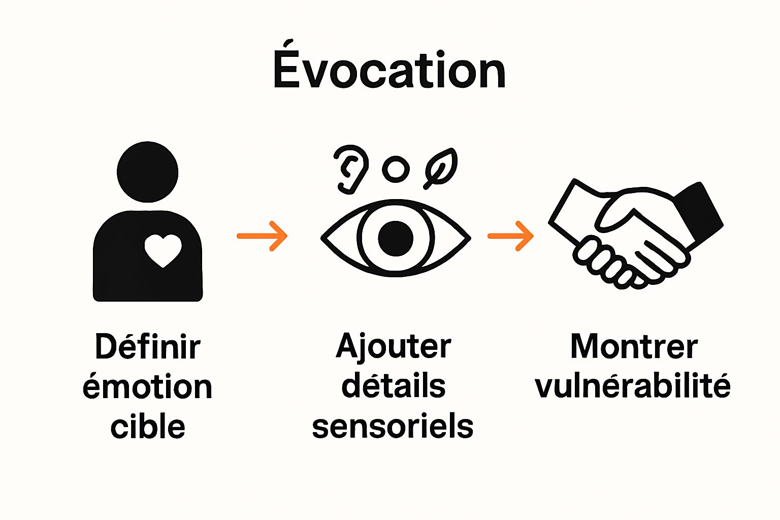 Infographie illustrant la création d'émotion dans le storytelling en 3 étapes visuelles