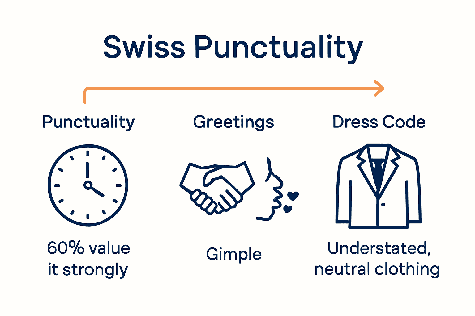 Infographic comparing punctuality, greetings, and dress code in Swiss etiquette.