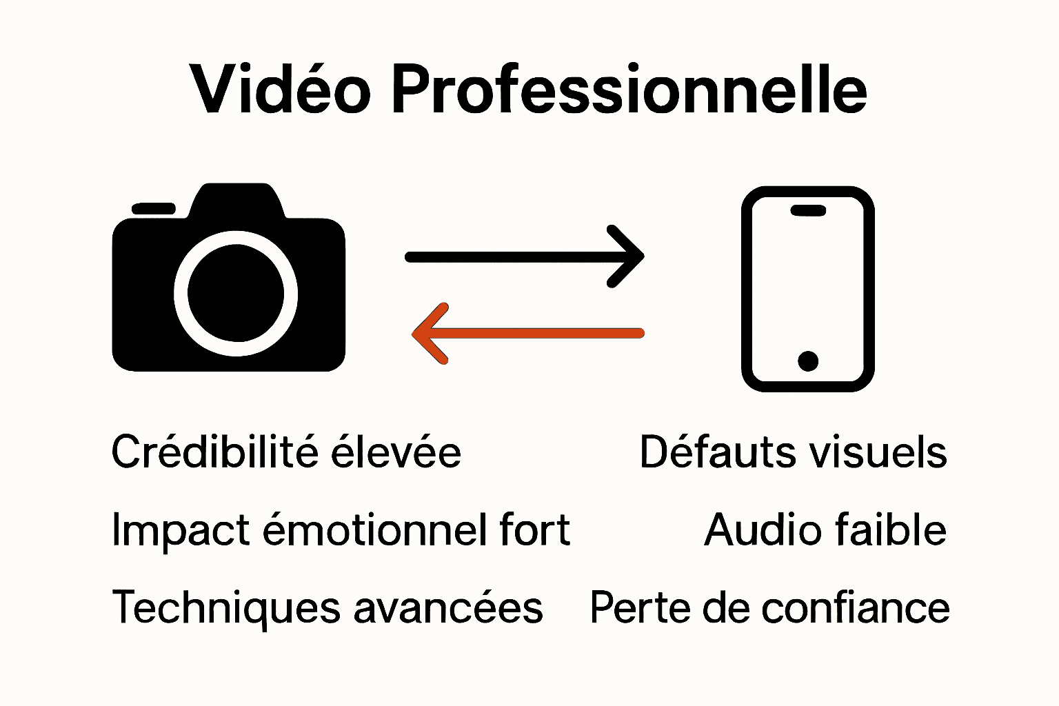 Infographie comparant vidéo professionnelle et amateur sur qualité et crédibilité.