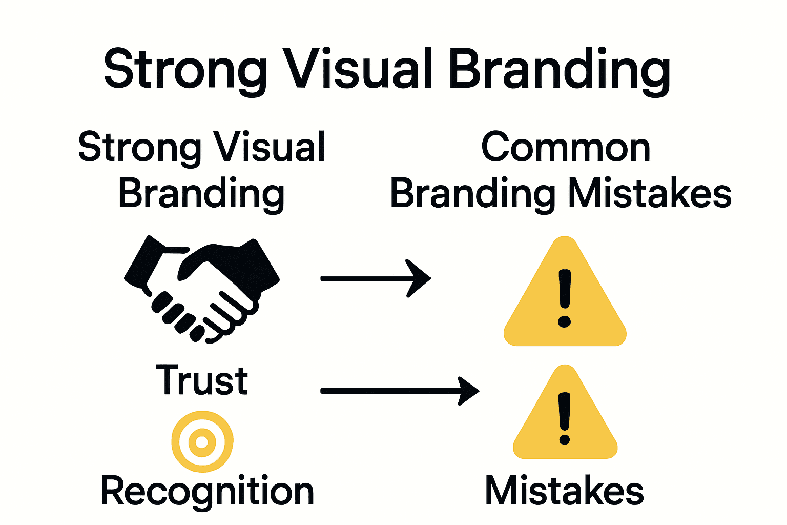 Infographic comparing visual branding benefits and mistakes using icons and arrows