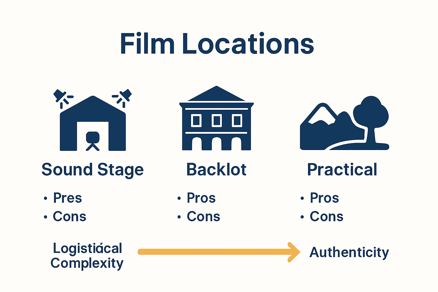 Infographic comparing sound stage, backlot, and practical location for film production