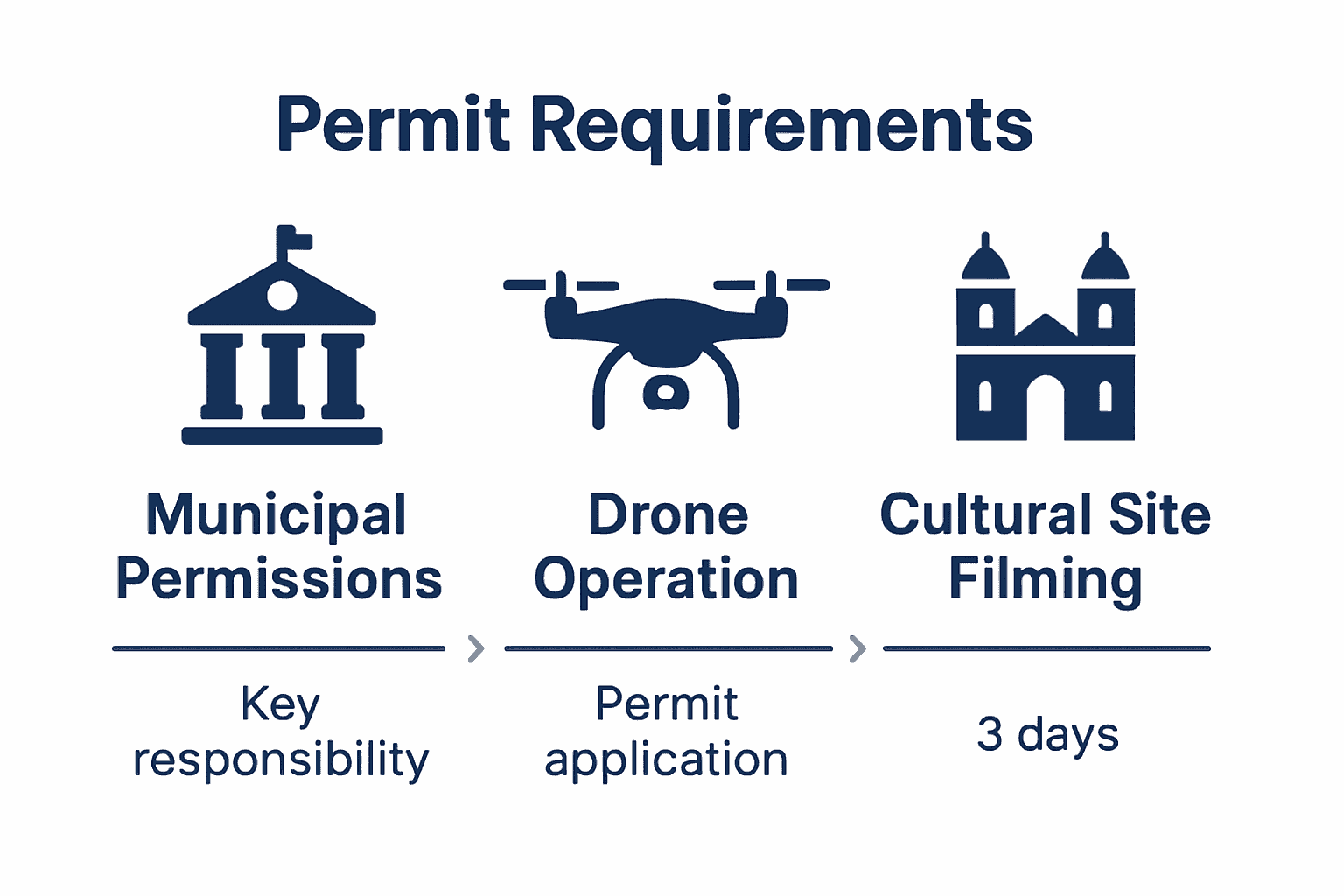 Infographic showing Swiss video production permit types: municipal, drone, cultural.