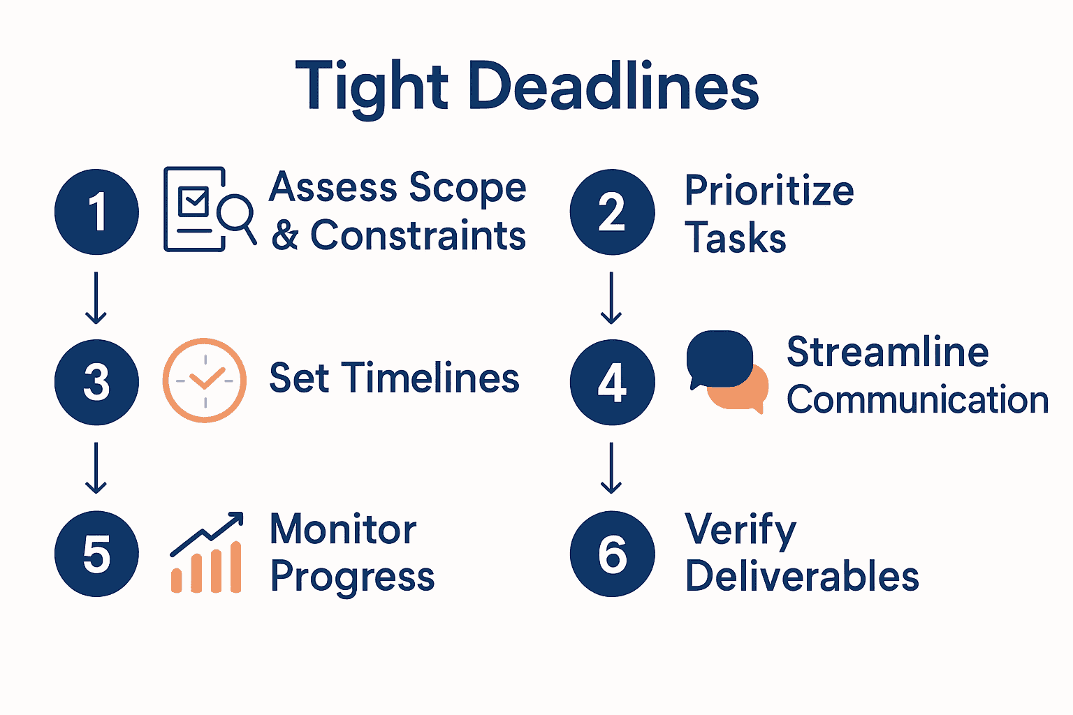 Infographic showing six-step process for tight deadline production management