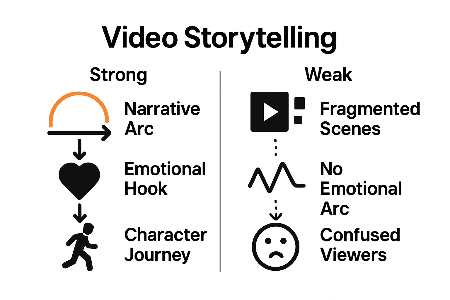 Infographic comparing effective and ineffective video storytelling techniques and audience reactions.