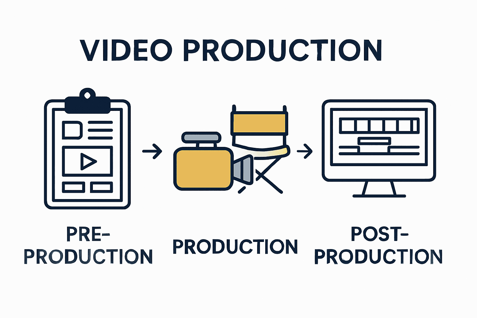 Infographic showing the three stages of video production: pre-production, production, and post-production.