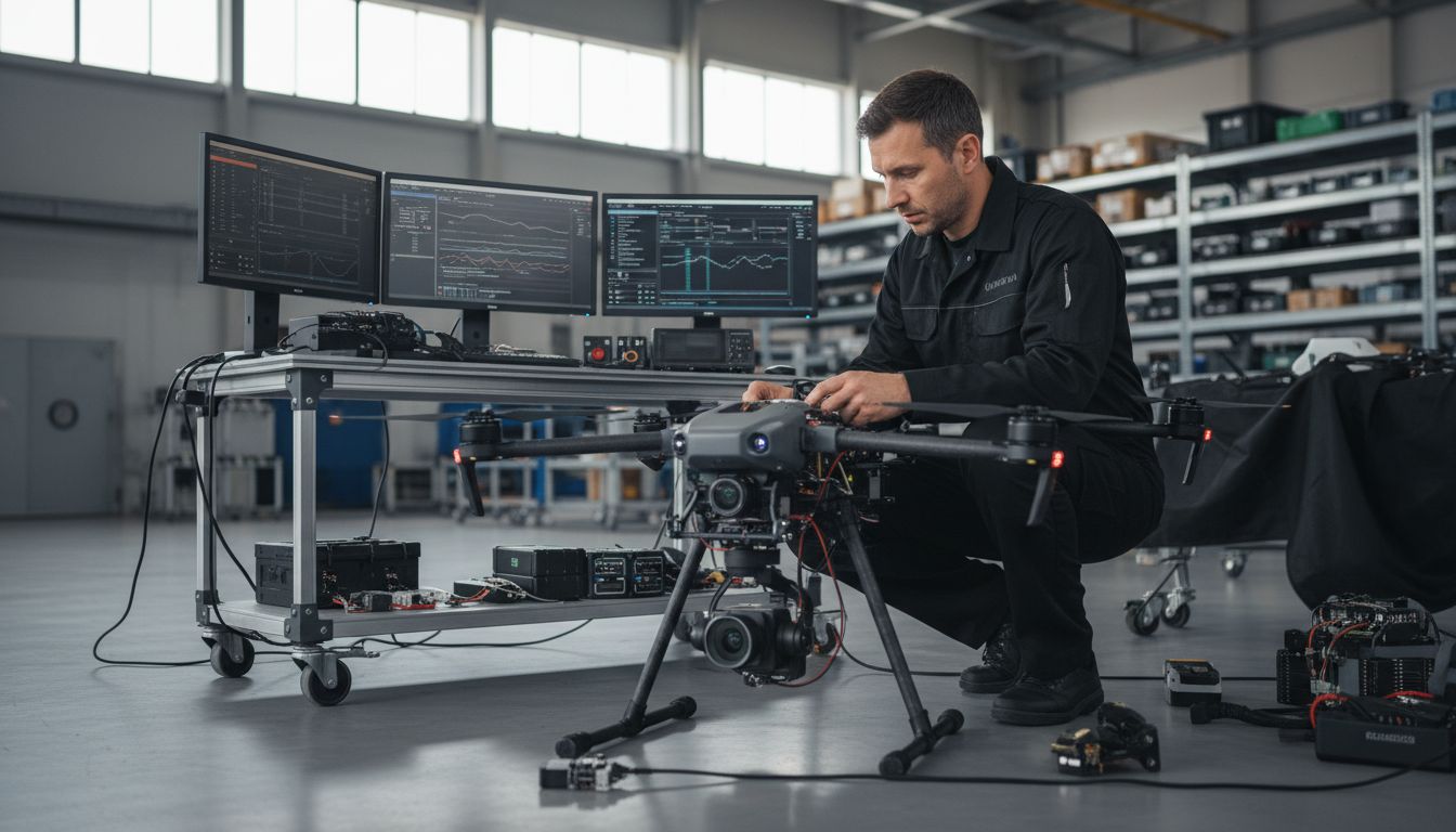 technicien vérifiant drone
