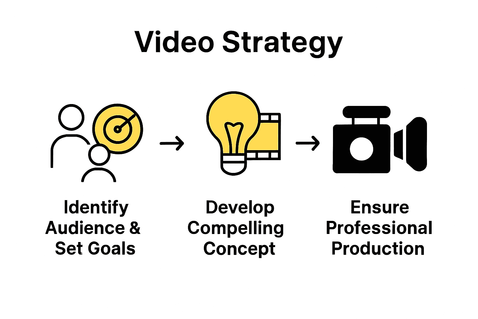 Infographic showing steps for Swiss business video success: audience, concept, production.