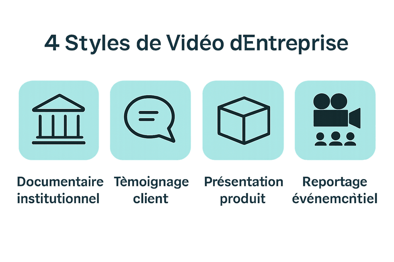 Infographie styles de films d'entreprise : institutionnel, témoignage, produit, reportage.