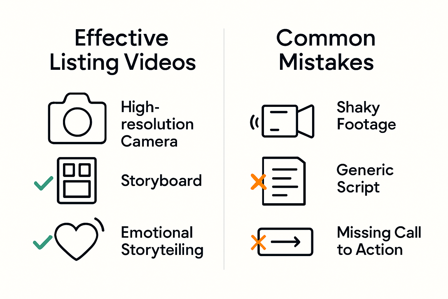 Visual comparison of effective video elements versus common mistakes in real estate listing videos.