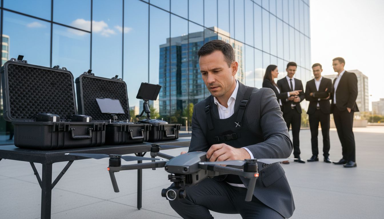 Professional drone filming setup outside modern office