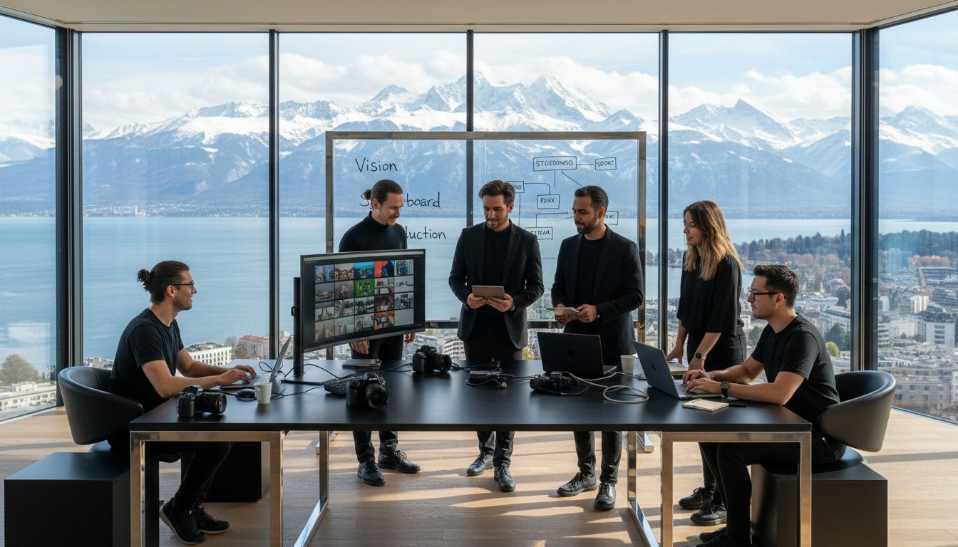 Swiss office team planning promotional video