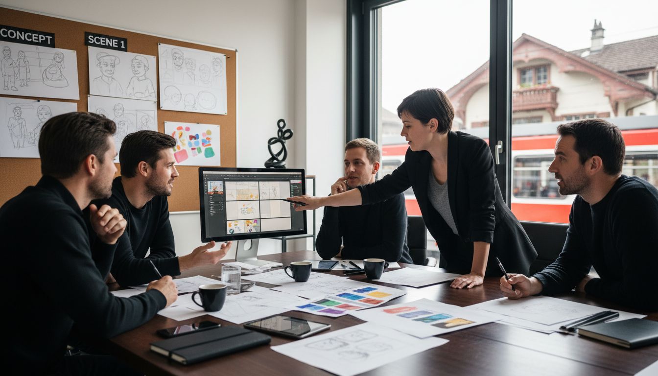 Creative team collaborating on storyboards