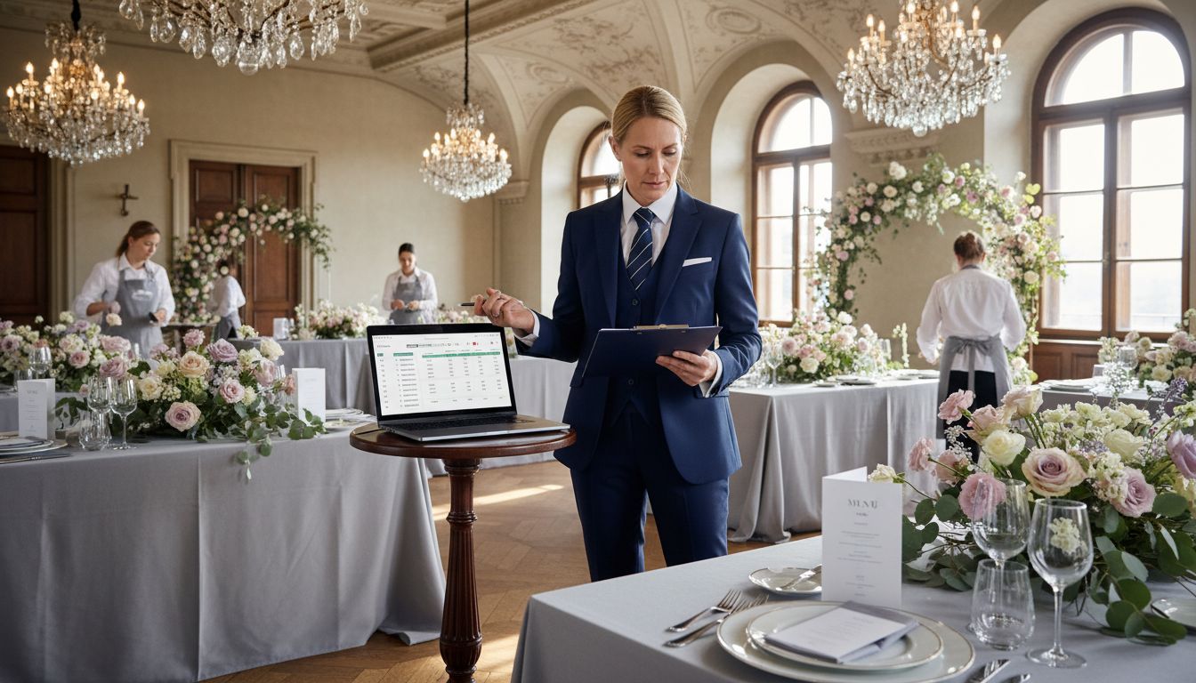 Wedding planner organizing elegant Swiss ballroom