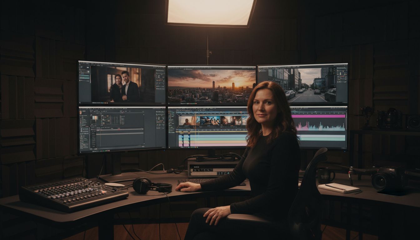 Professionnel au studio de montage vidéo créatif