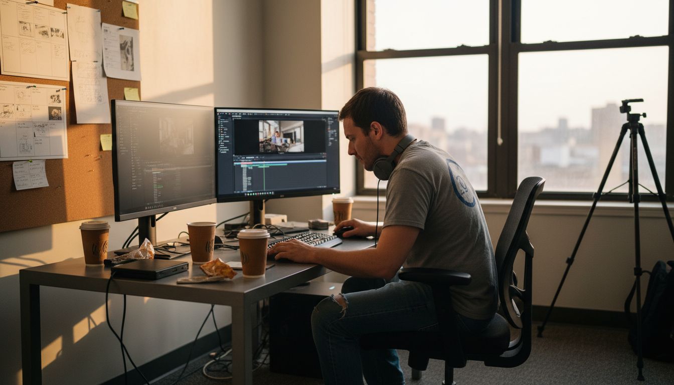 Video editor at desk in busy workspace