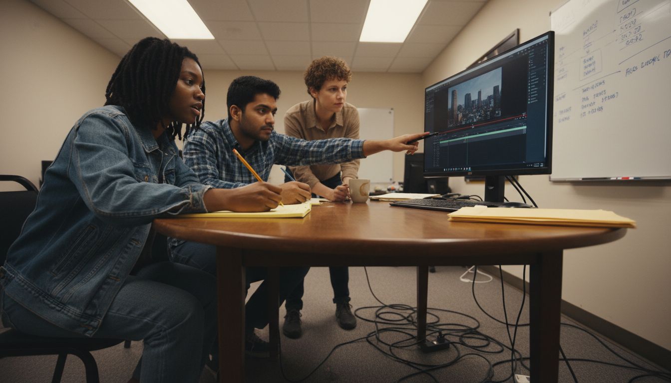 Team collaborating in video editing suite