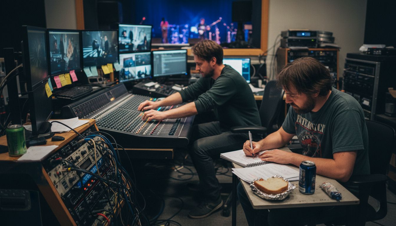 Engineers working in crowded audiovisual studio