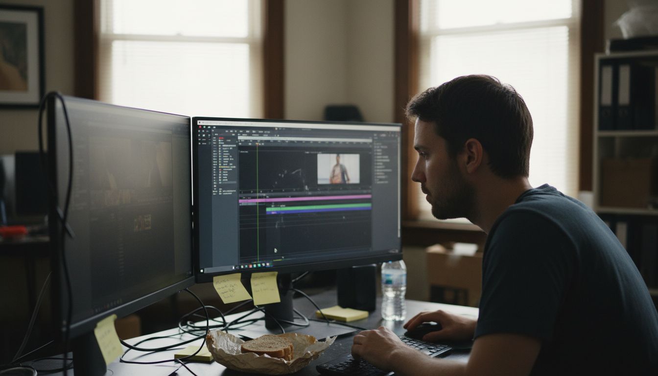 Video editor working at editing desk