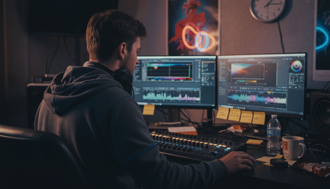 Editor working at cluttered post-production desk