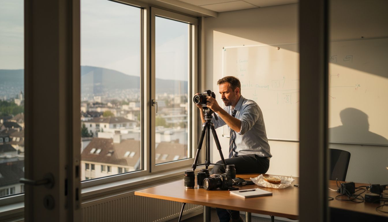 Swiss video producer setting up camera in office