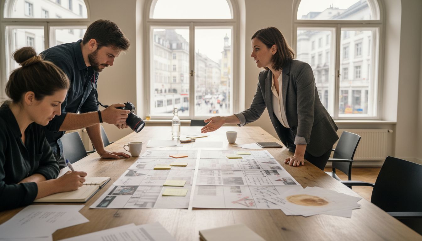 Swiss business team storyboarding video ideas