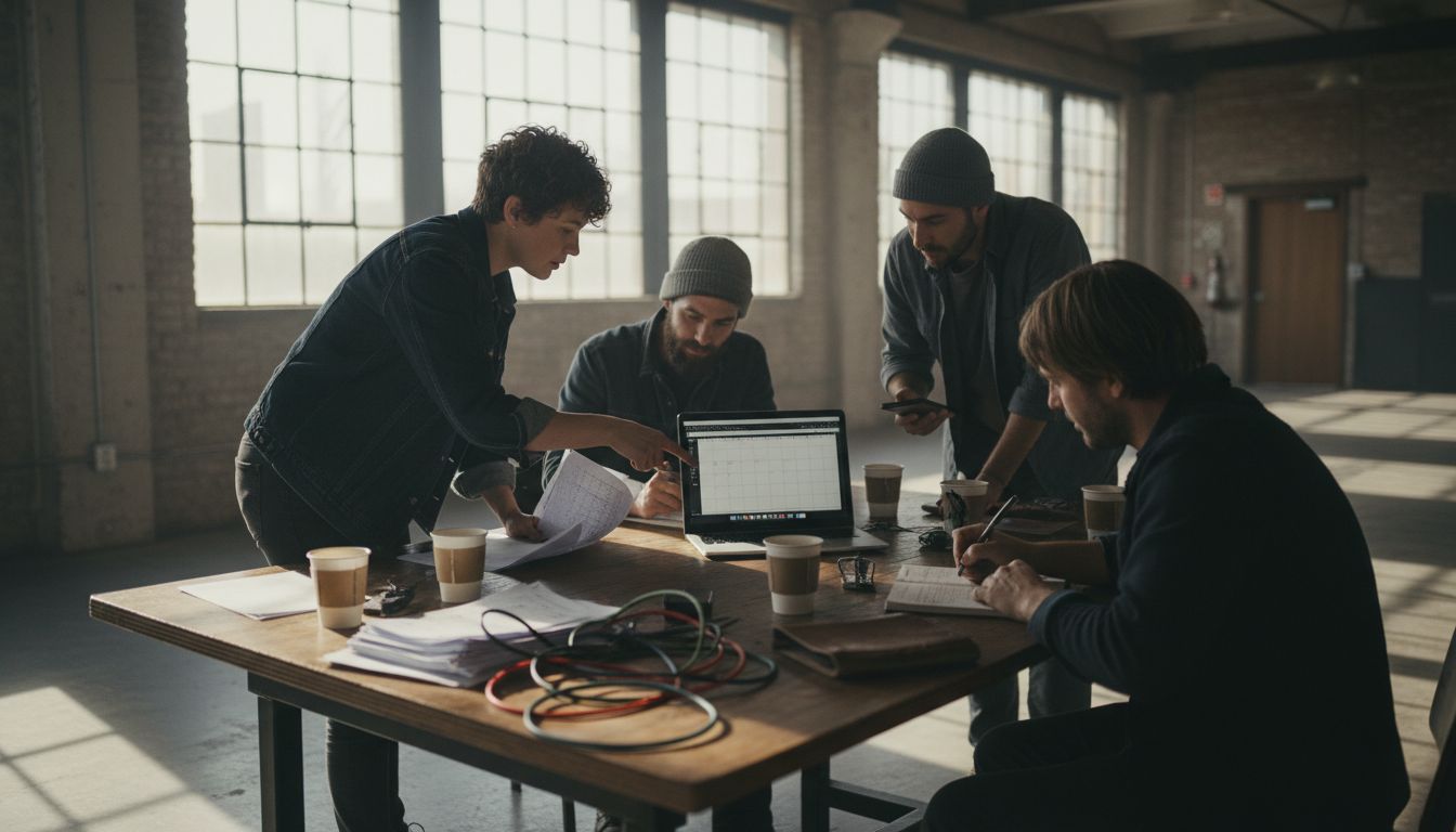 Film team reviews digital production schedule