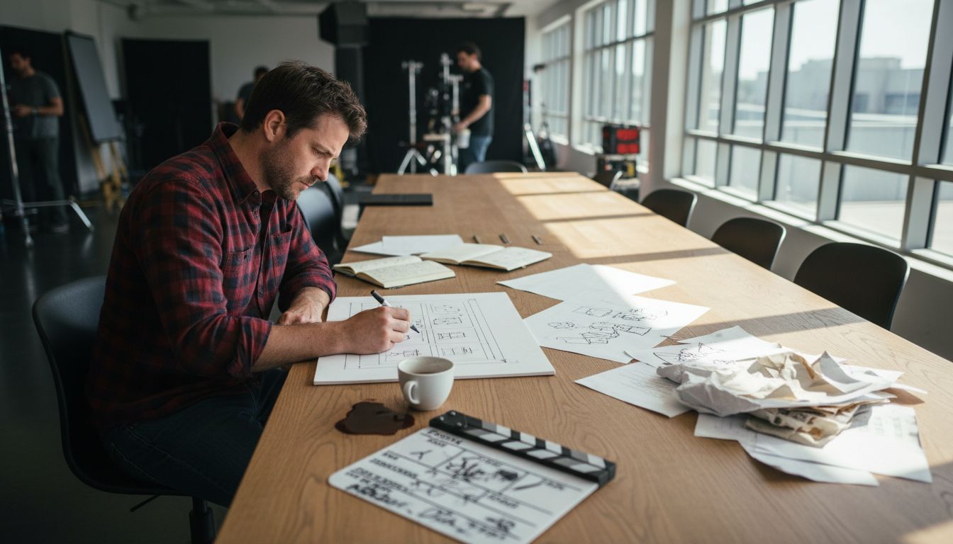 Film director sketching storyboards in studio