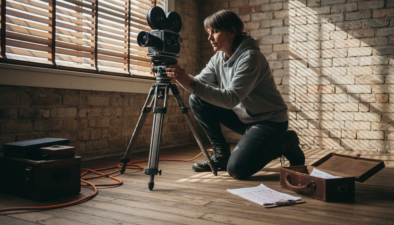 Cinematographer adjusting camera in urban loft