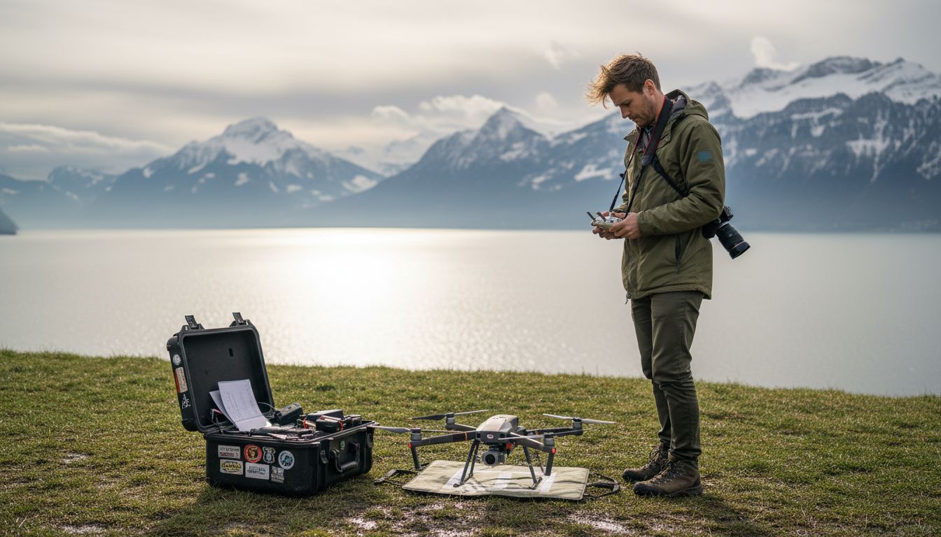 Filmmaker preparing drone overlooking Swiss lake