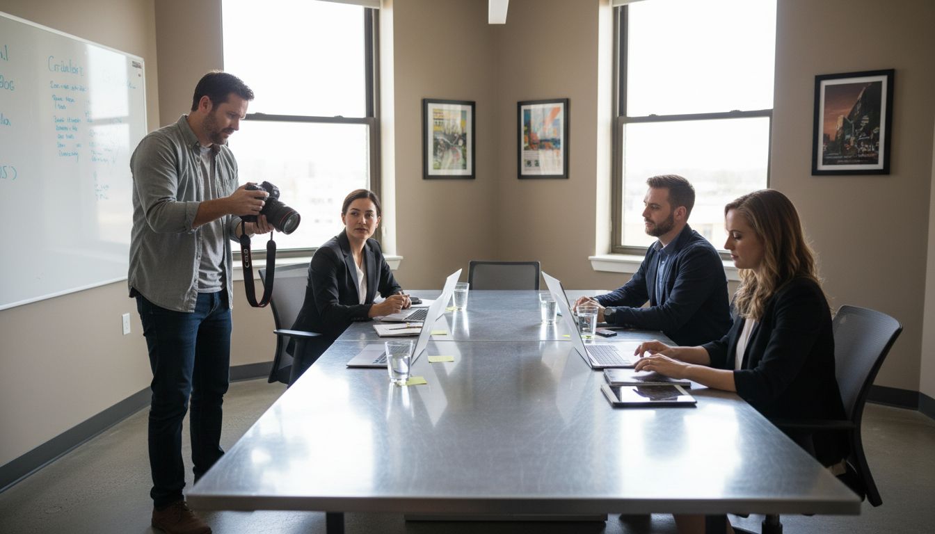 Videographer films business team product demo