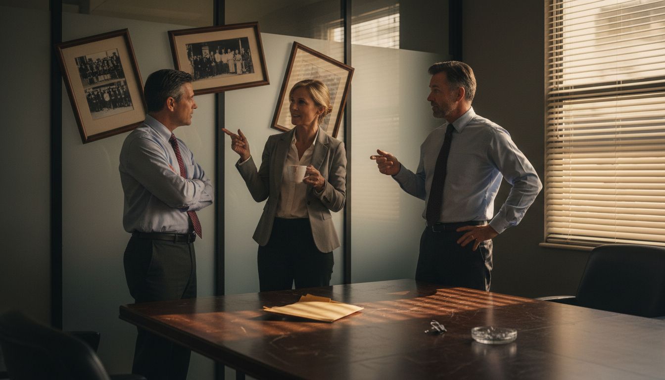 Executives discussing company history in boardroom