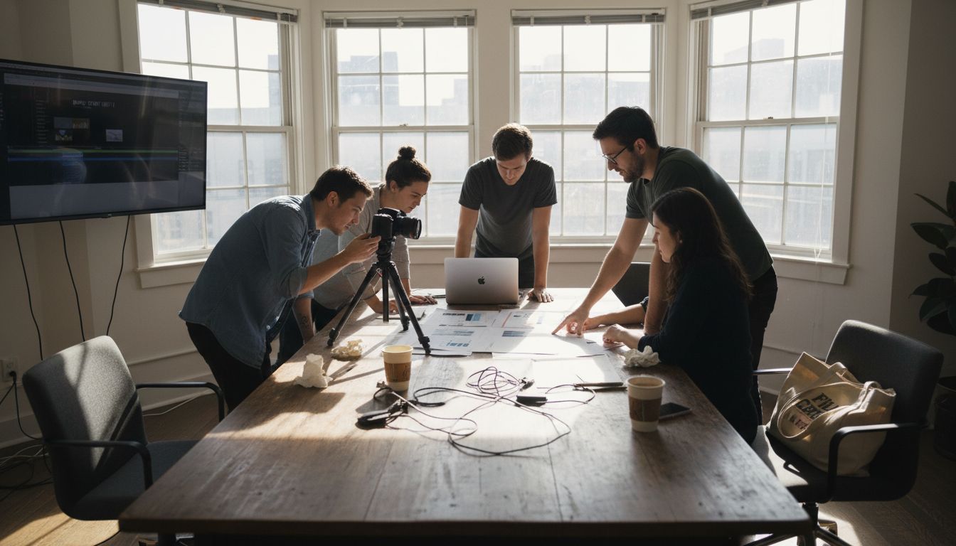 Video team planning brand campaign in creative office