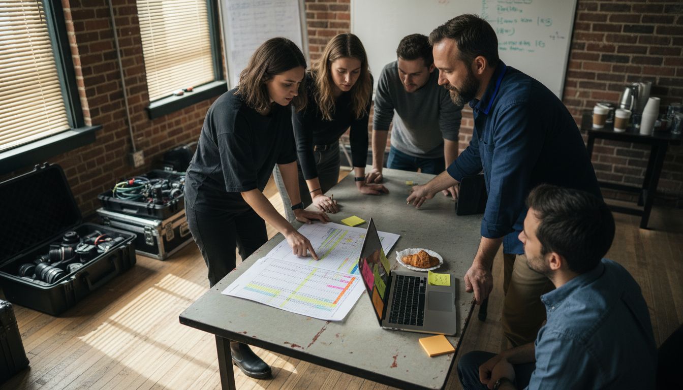 Production team reviewing film workflow schedule
