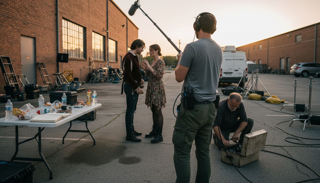 Crew member records audio during scene shoot