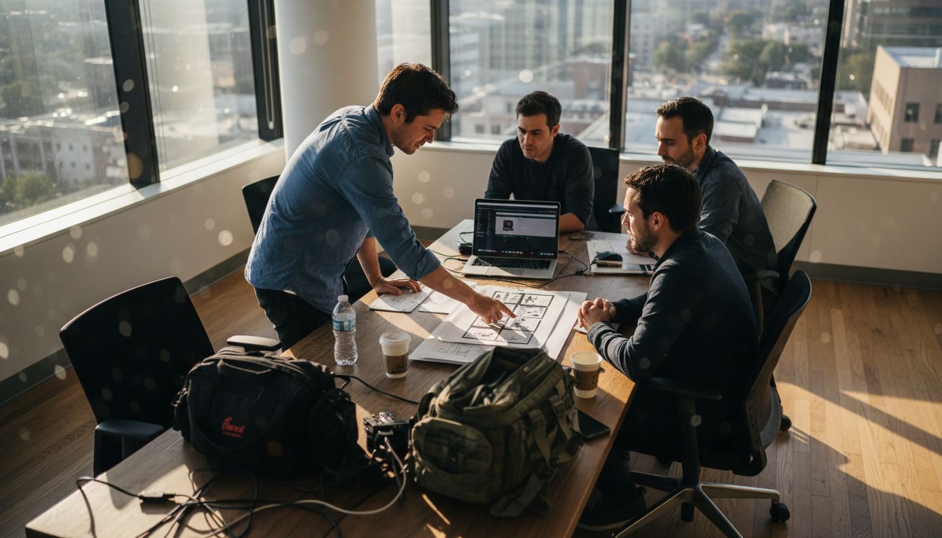 Corporate video team planning around table