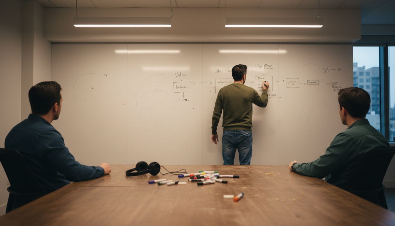 Manager outlining video plan at whiteboard