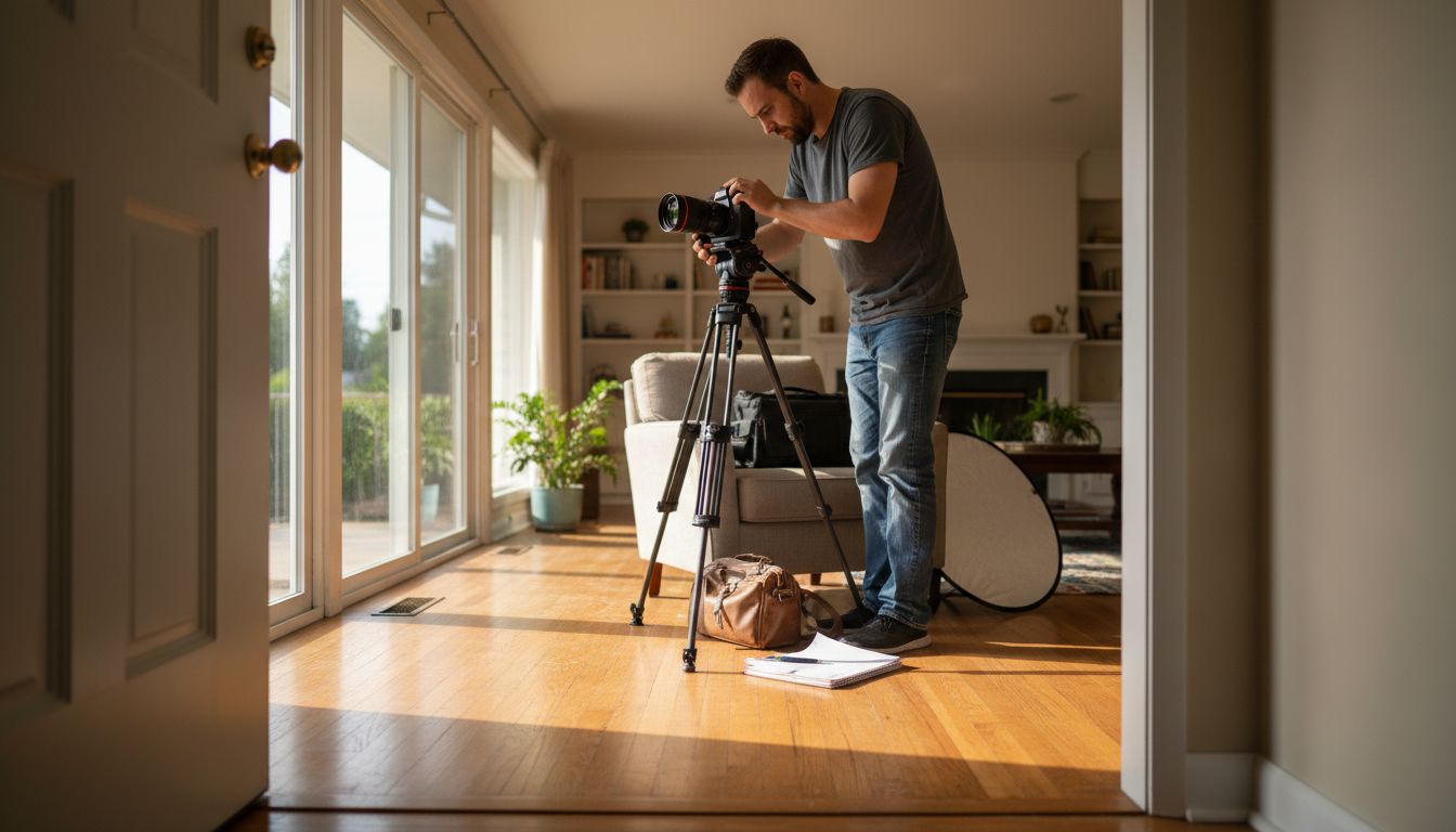 Videographer preparing camera for property shoot