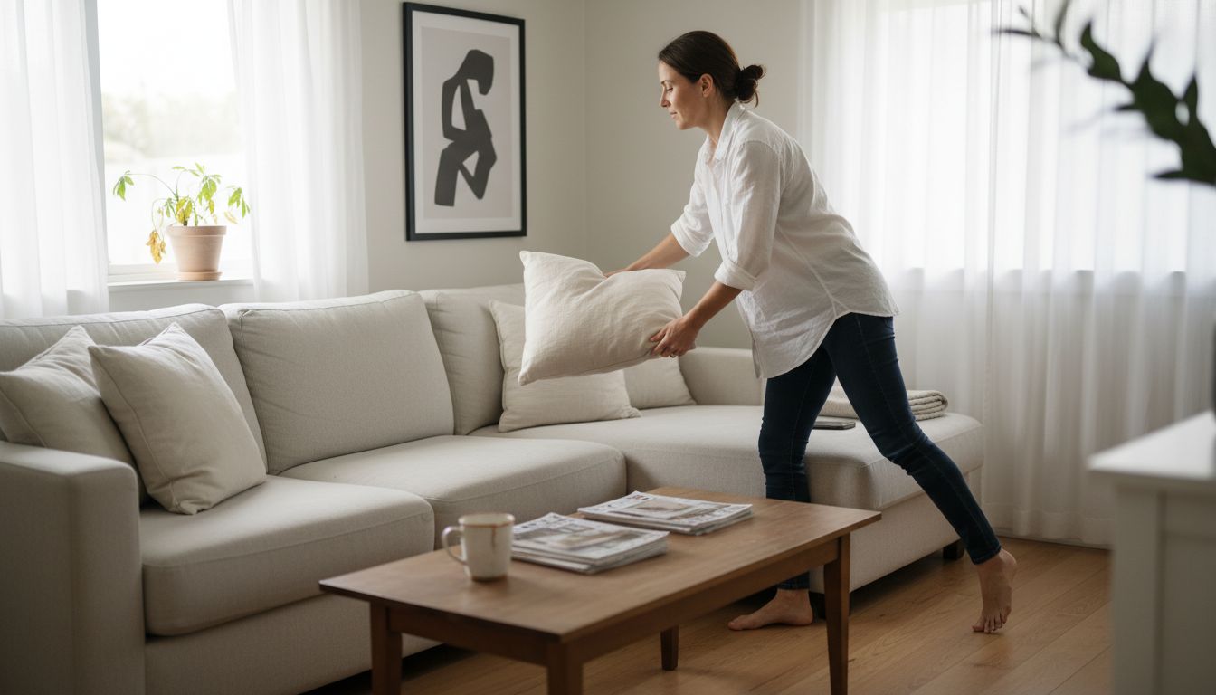 Home stager adjusting cushions and art
