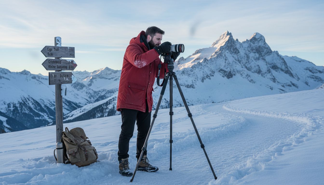 Filmmaker preparing camera on snowy Swiss trail