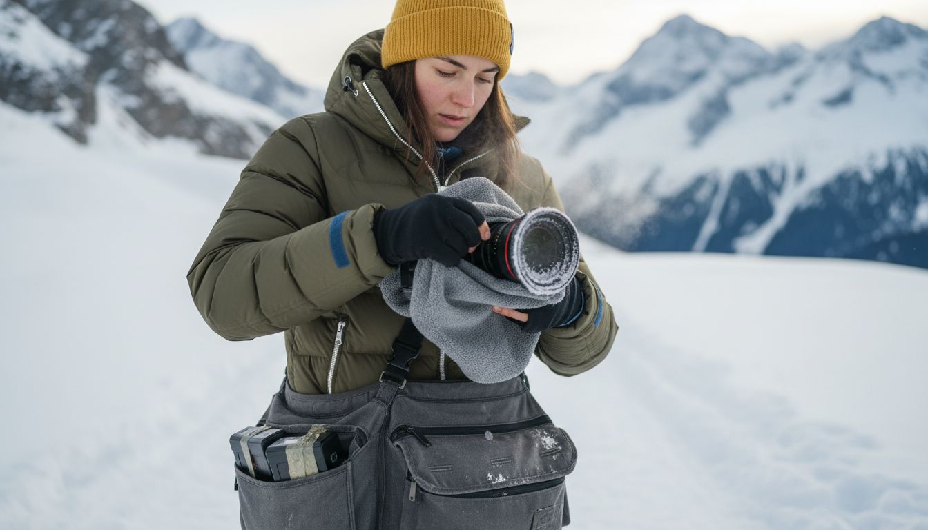 Cinematographer protecting film camera in cold